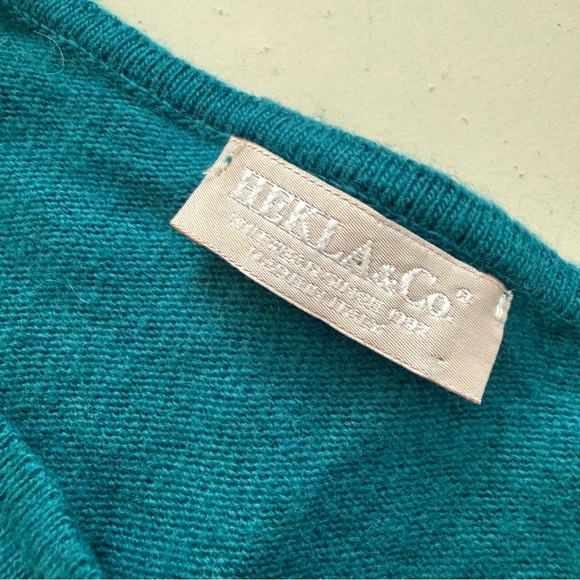 Hekla & Co. Italy Cashmere Wool Teal Bell Sleeve Ribbed Knit Sweater Luxury Chic - Picture 3 of 6